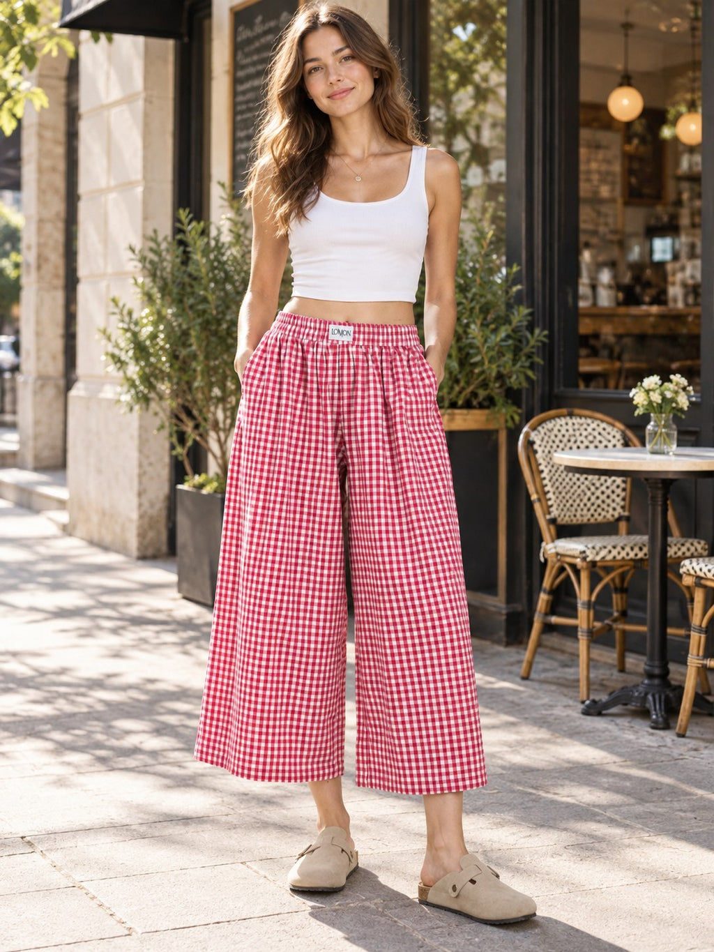 Gingham Wide-leg Cropped Pants styled on a model