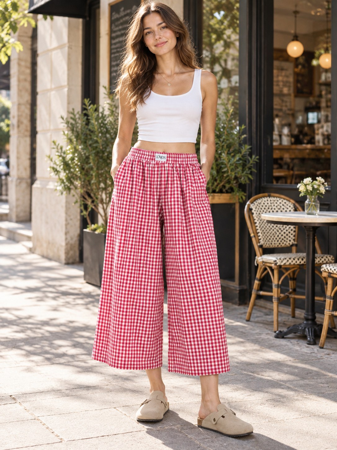 Gingham Wide-leg Cropped Pants styled on a model