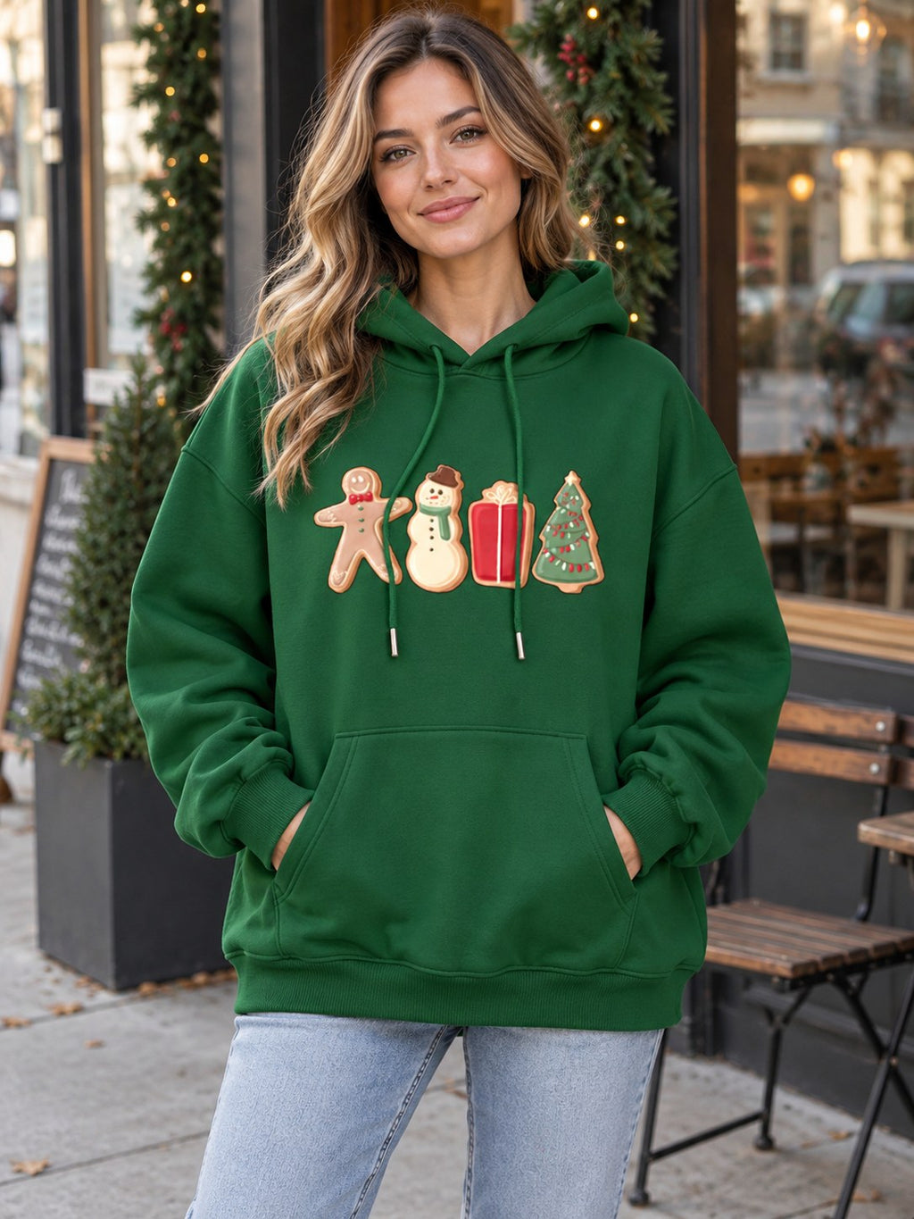 Graphic Drawstring Hoodie Pocket styled on a model