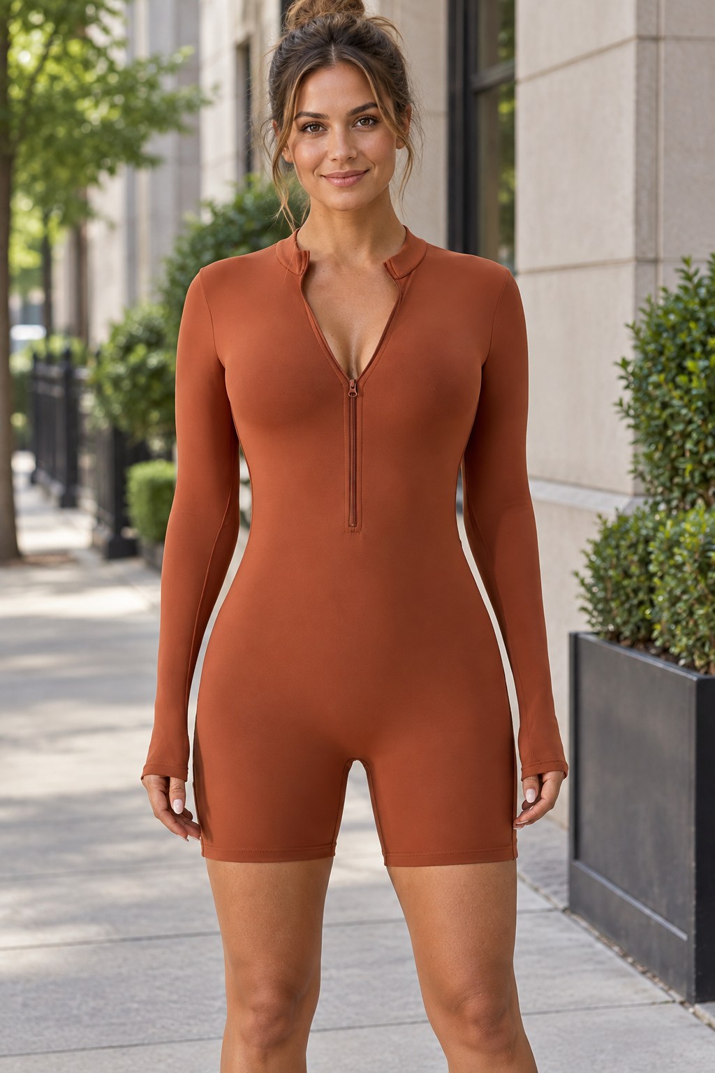 Half Zip Long Sleeve Active Romper styled on a model