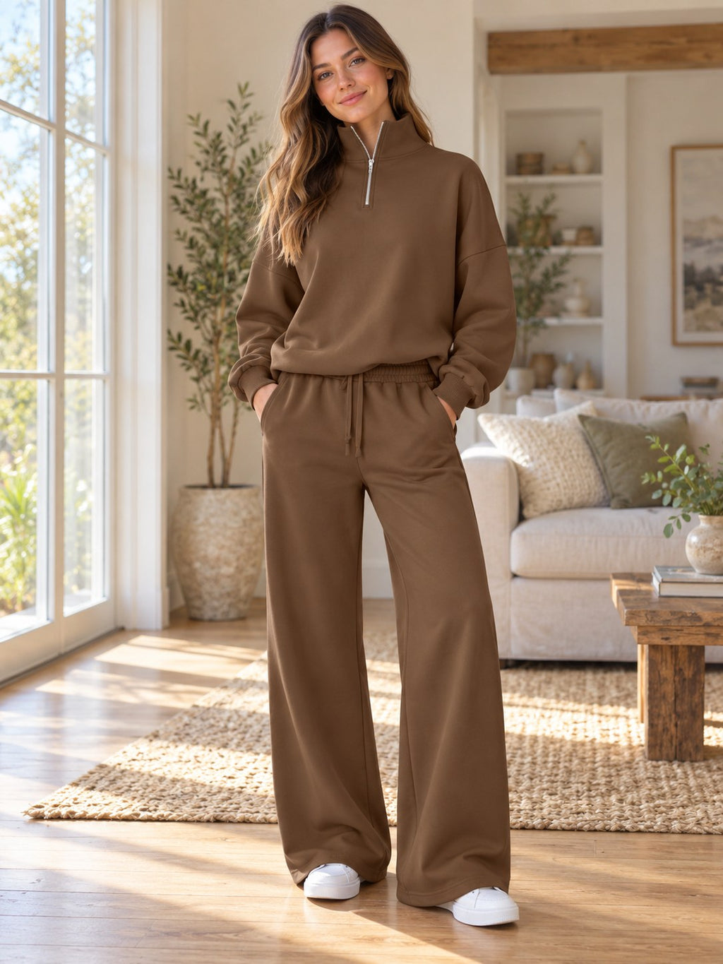 Half-zip Sweatshirt Wide-leg Sweatpants Set styled on a model