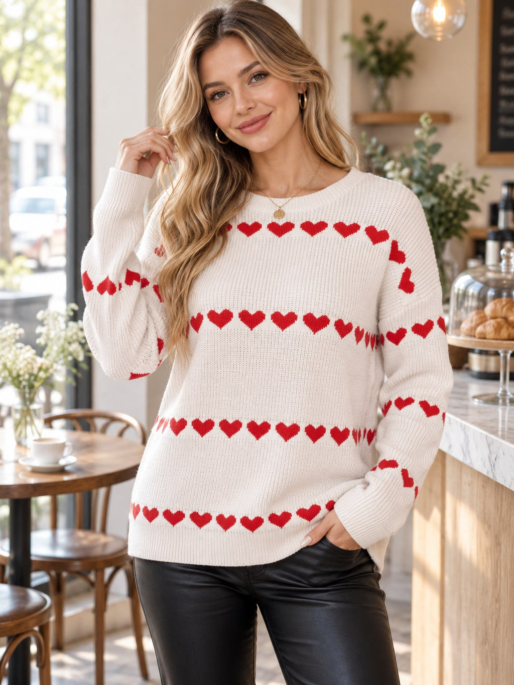 Heart Pattern Dropped Shoulder Sweater styled on a model