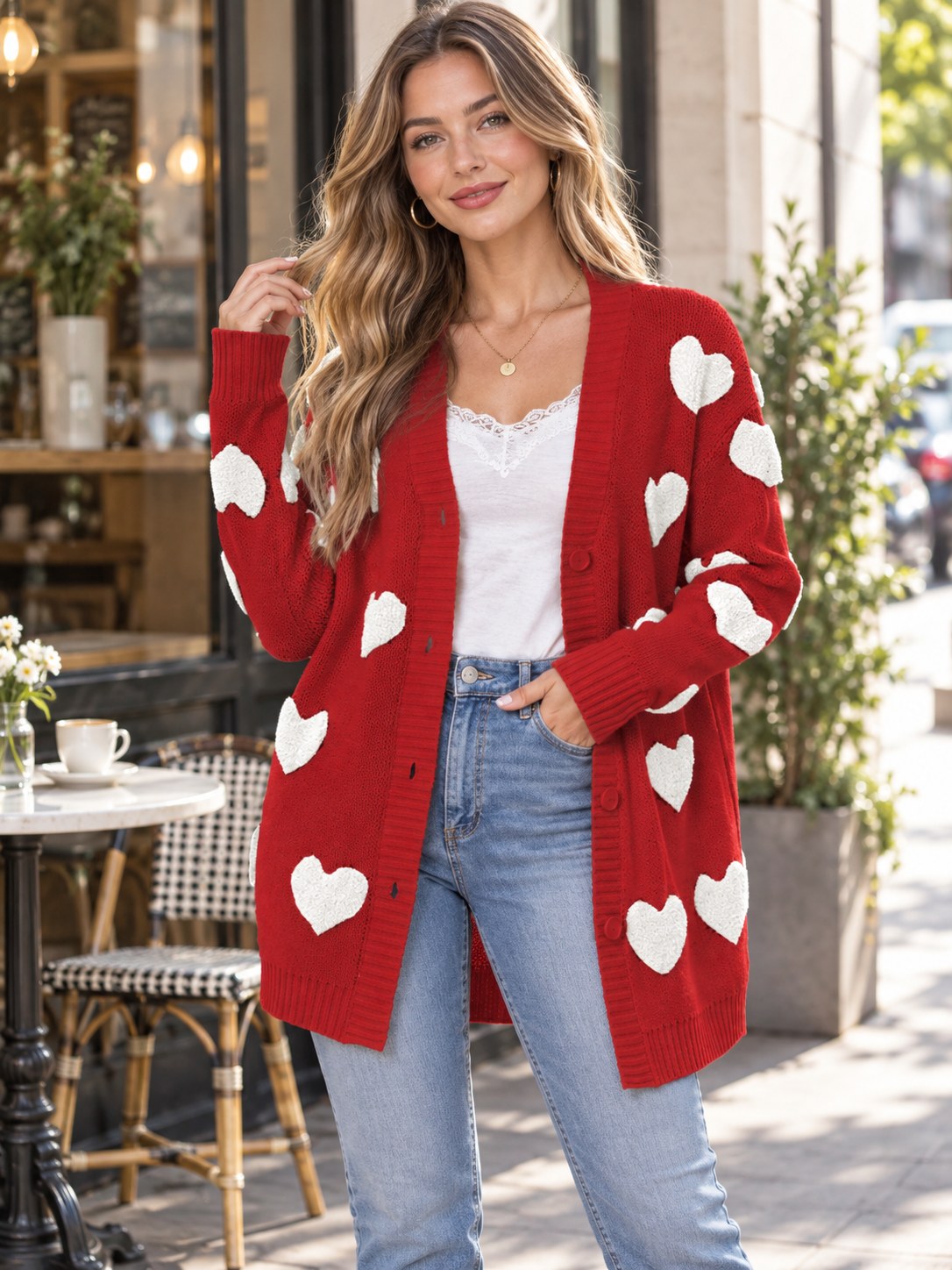 Heart Pattern V-neck Button-down Knit Cardigan styled on a model