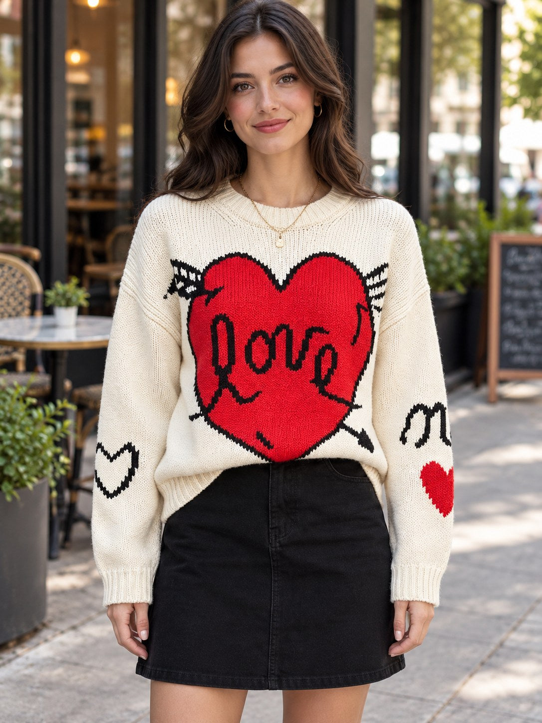 Heart Round Neck Ribbed Sweater styled on a model
