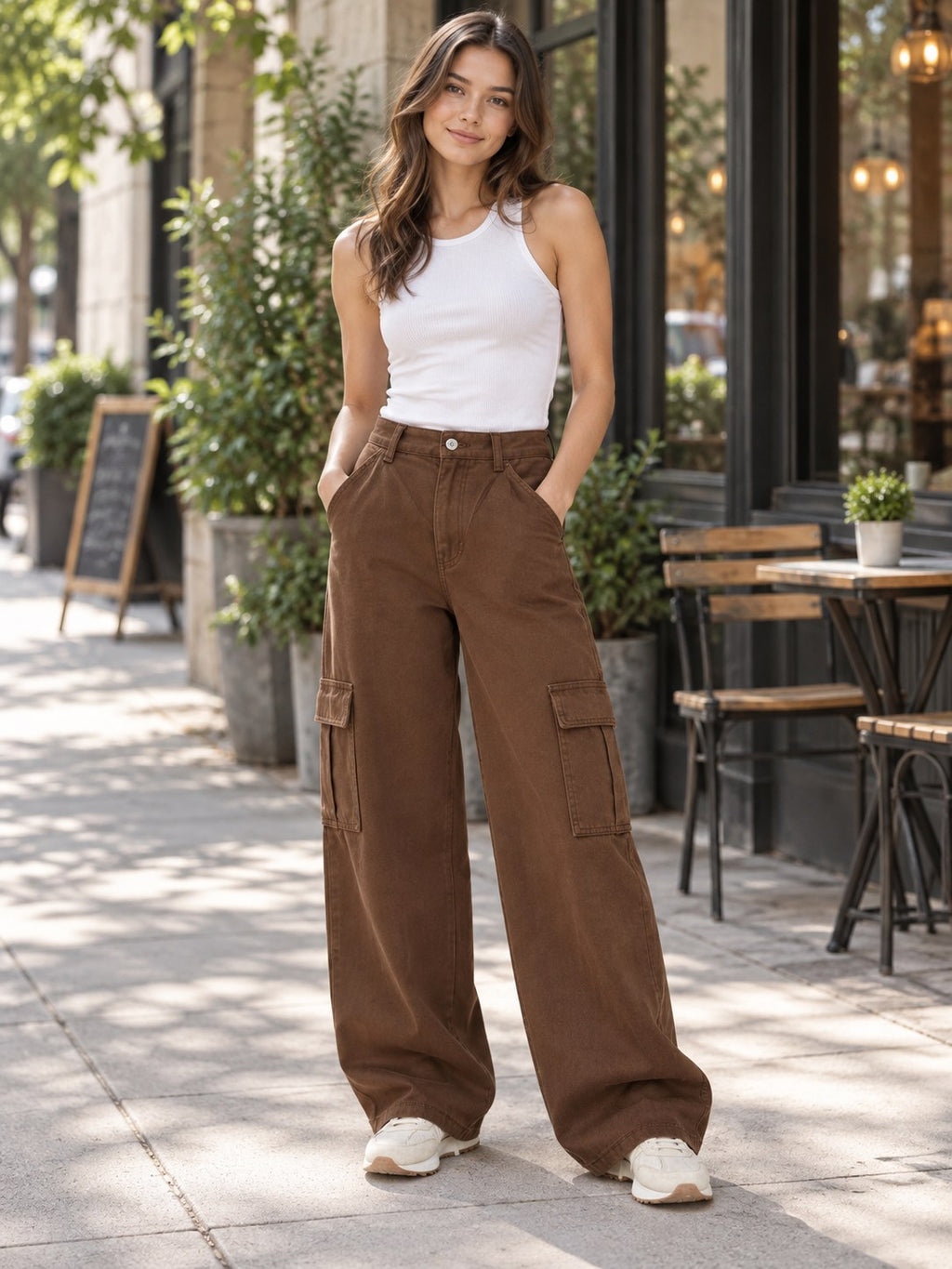 Hight Rise Wide Leg Cargo Pants styled on a model