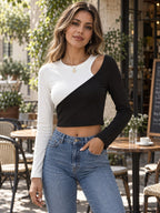 Cropped Contrast Round Neck Short Sleeve Tee styled on a model