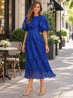 Lace Puff Sleeve Midi Dress styled on a model