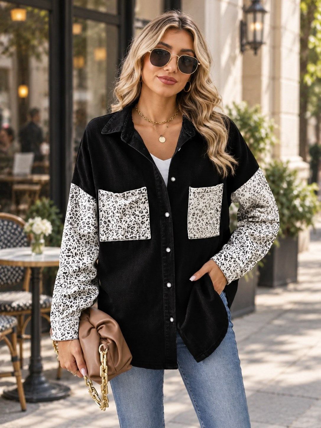 Leopard Button Up Denim Jacket styled on a model