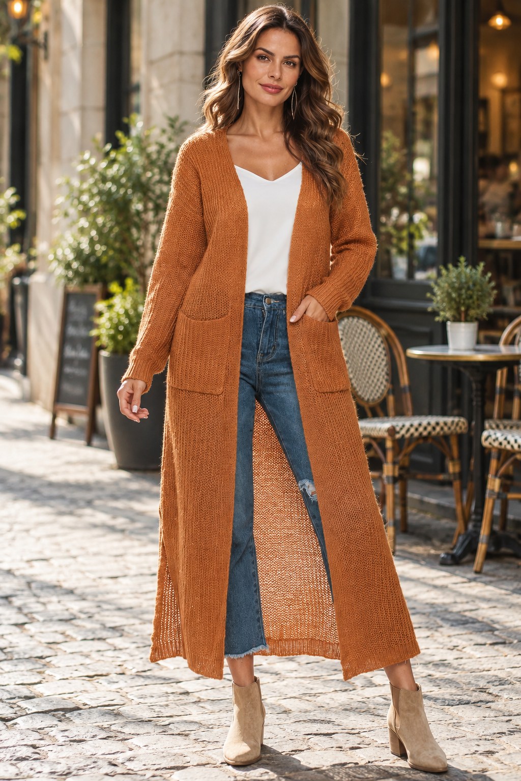 Long Sleeve Open Front Buttoned Cardigan styled on a model