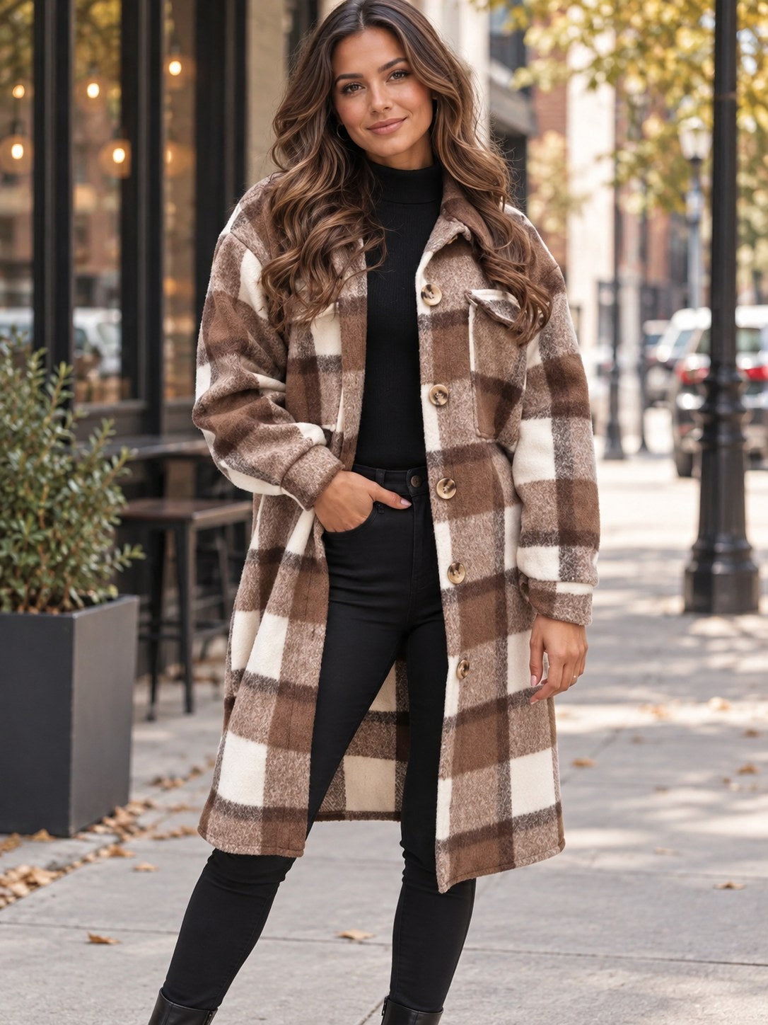 Longline Plaid Button-Up Coat styled on a model