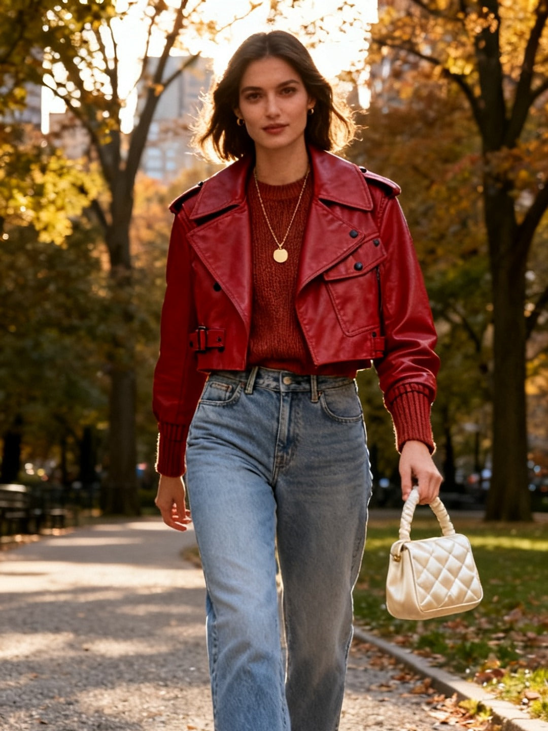 Loose Cropped Faux Leather Motorcycle Jacket worn by a model