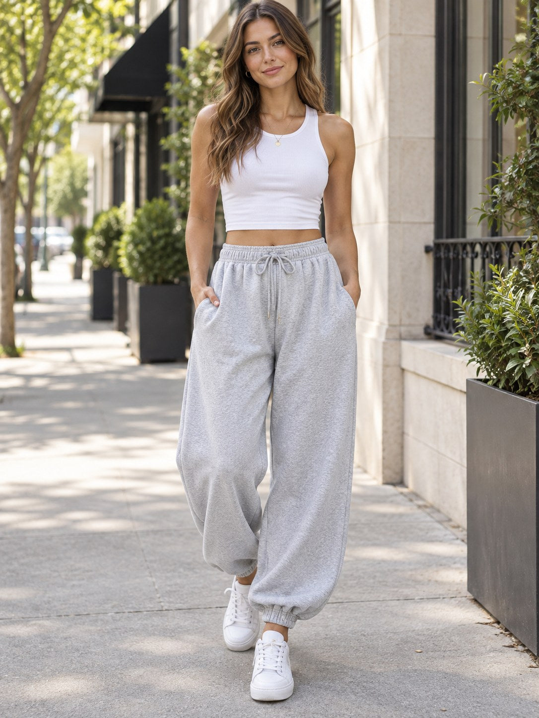Loose Fit Drawstring Joggers styled on a model