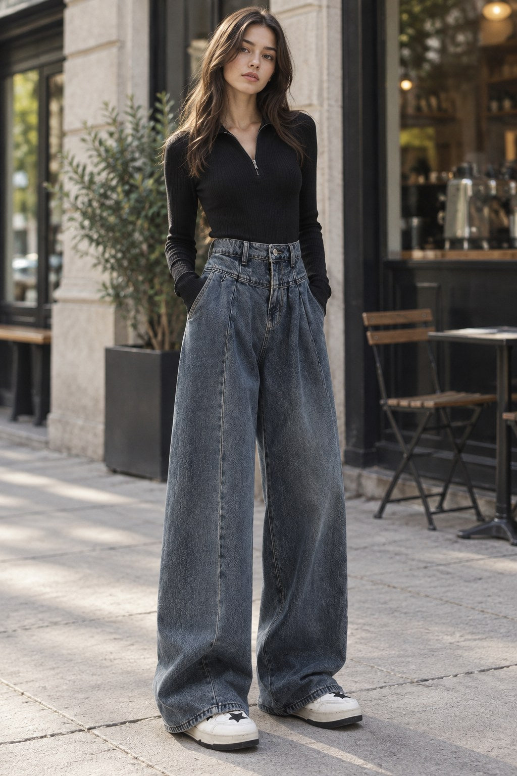 Loose Fitting Wide Leg Jeans styled on a model