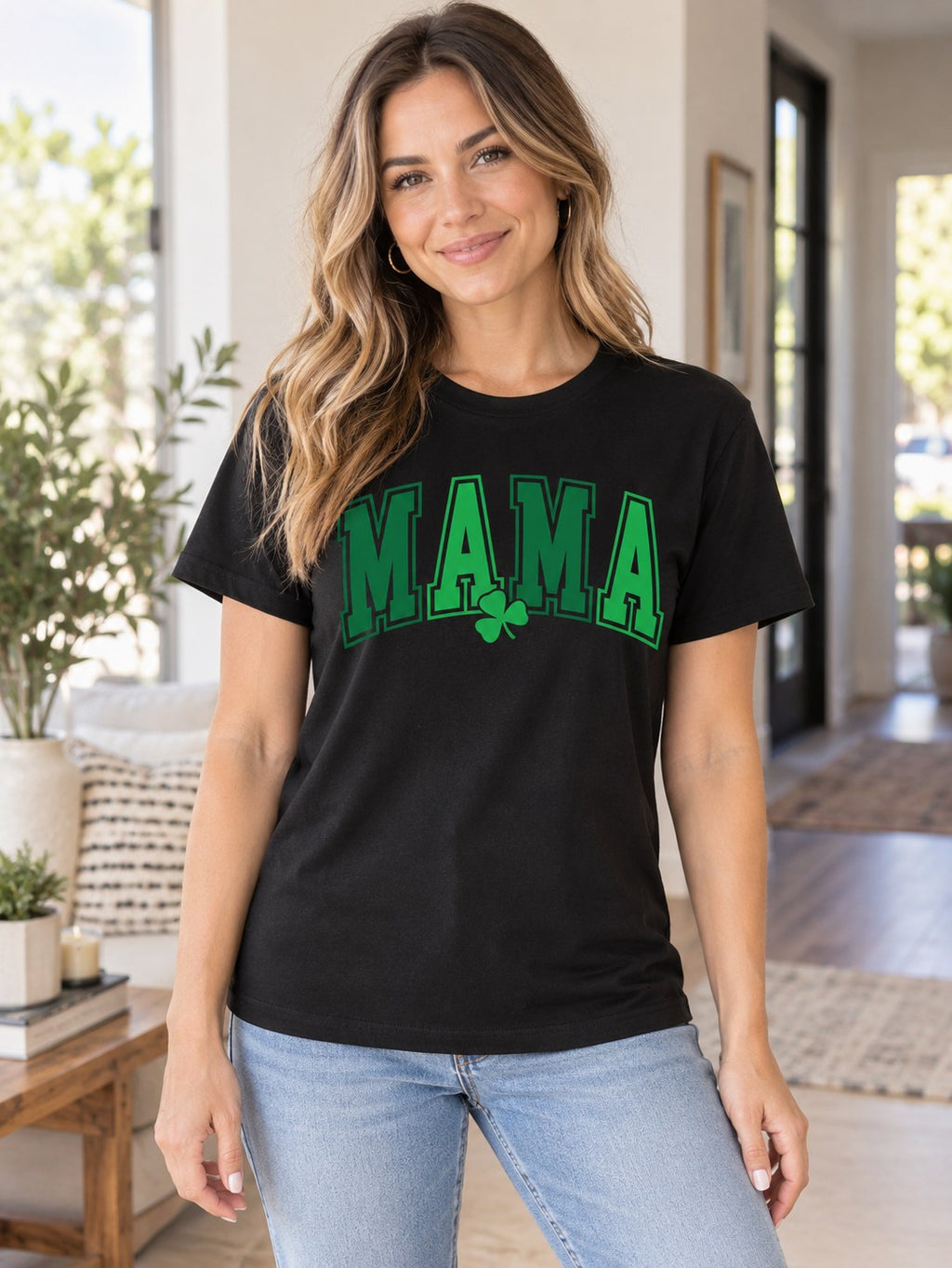 Mama Round Neck Short Sleeve T-shirt styled on a model
