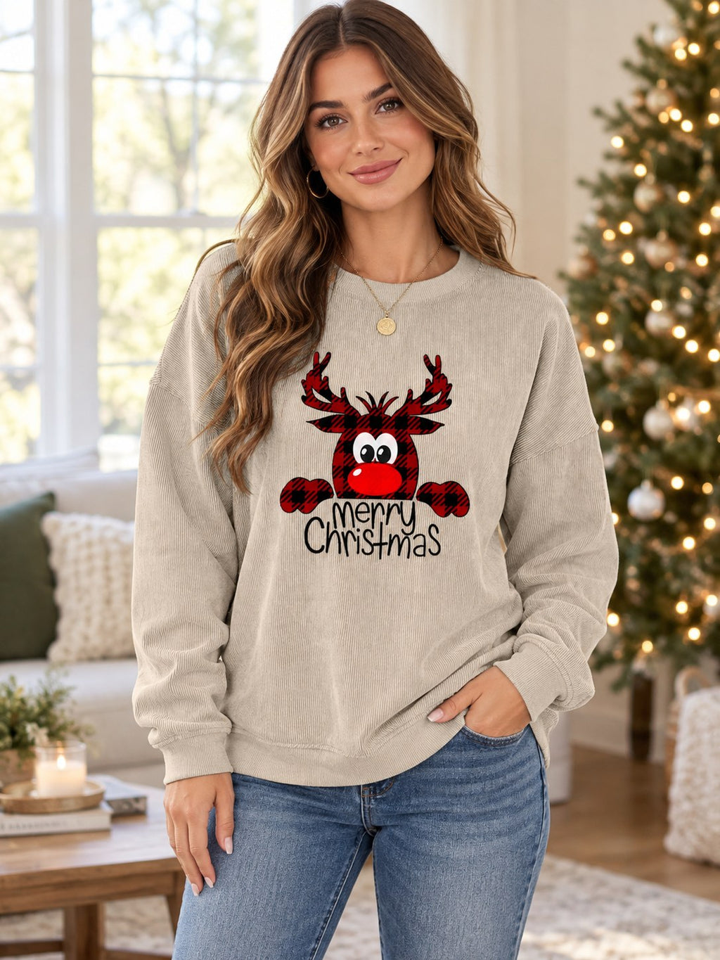 Merry Graphic Sweatshirt styled on a model