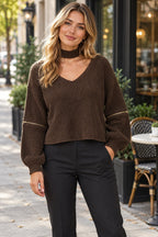 Neck V-neck Zipper Sleeve Pullover styled on a model