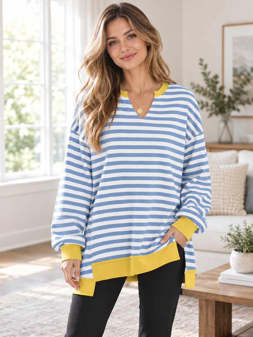 Notched Long Sleeve Oversized Sweatshirt styled on a model