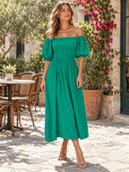 Off-shoulder Balloon Sleeve Midi Dress styled on a model