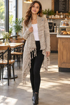 One-button Tassel Tie Asymmetrical Hem Cardigan styled on a model