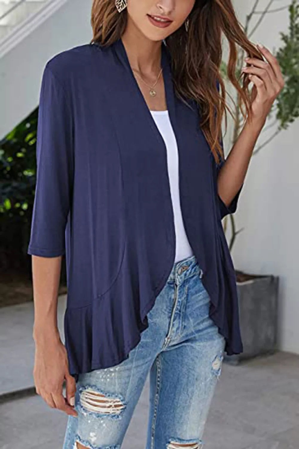 Open Front Three-quarter Sleeve Cardigan