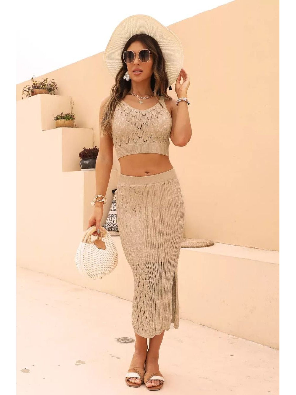 Openwork Cropped Tank Split Skirt Set