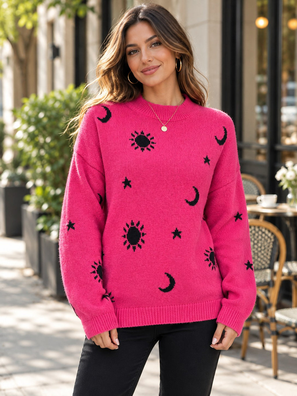 Patterned Drop Shoulder Sweater styled on a model