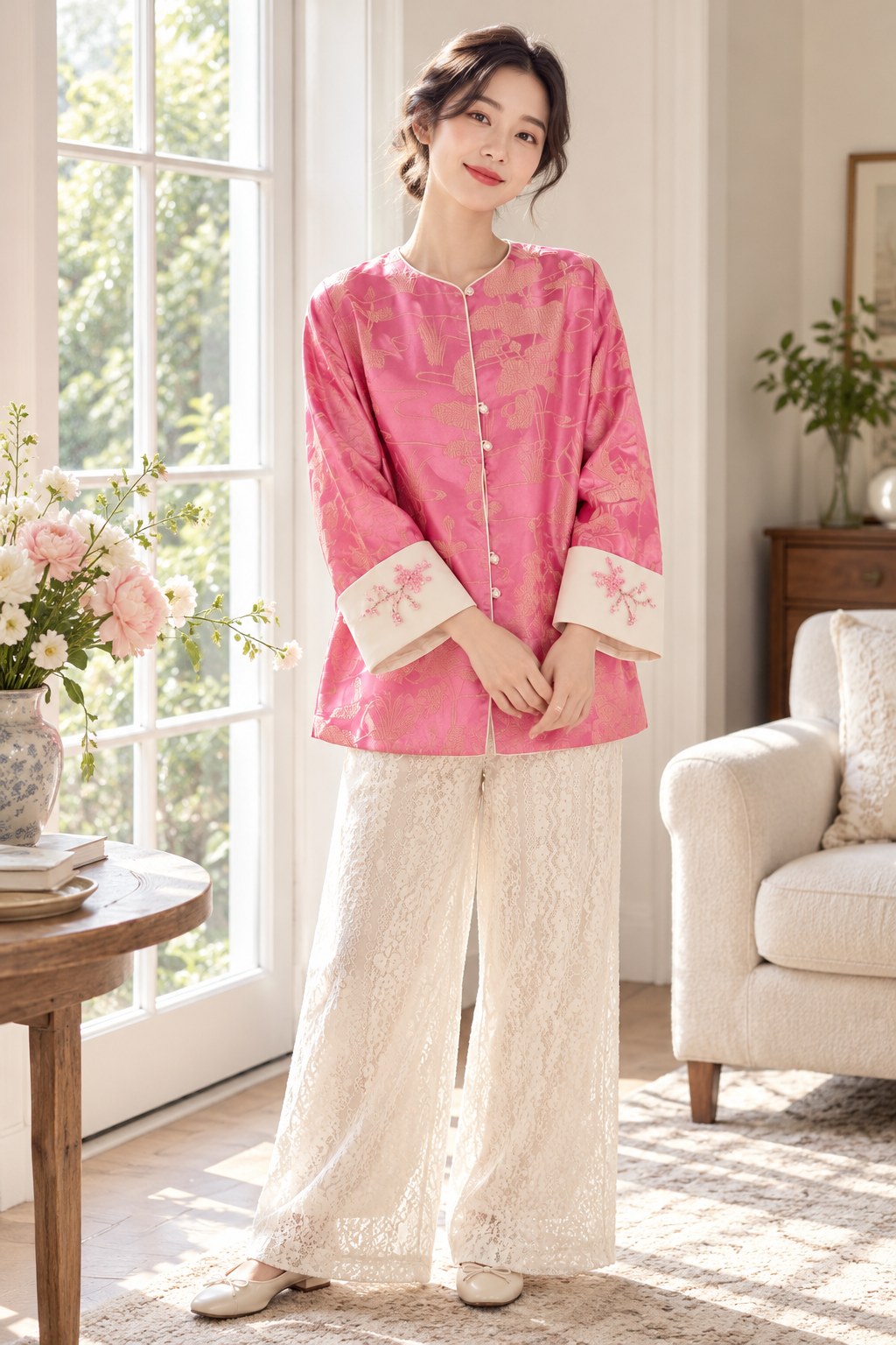 Pink Beaded Satin Coat styled on a model