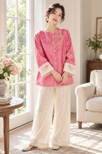 Pink Beaded Satin Coat styled on a model