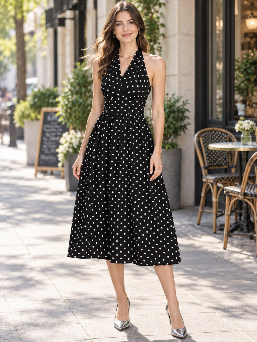 Polka Dot Halter Neck Midi Dress styled on a model