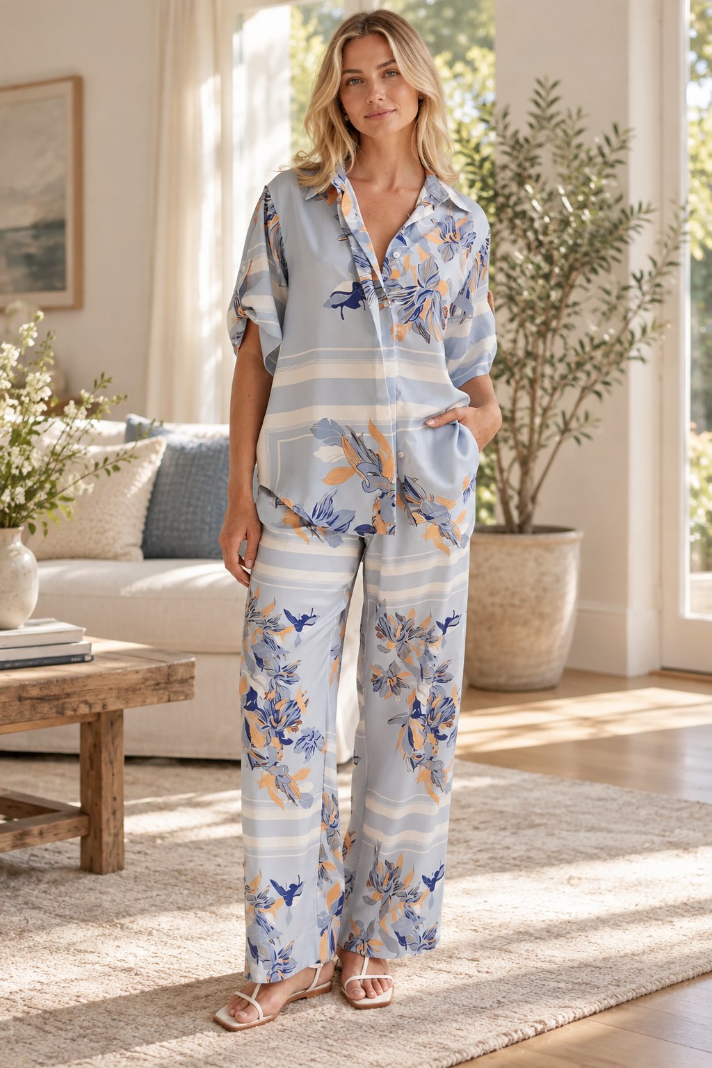 Printed Button-Up Shirt and Pants Set styled on a model