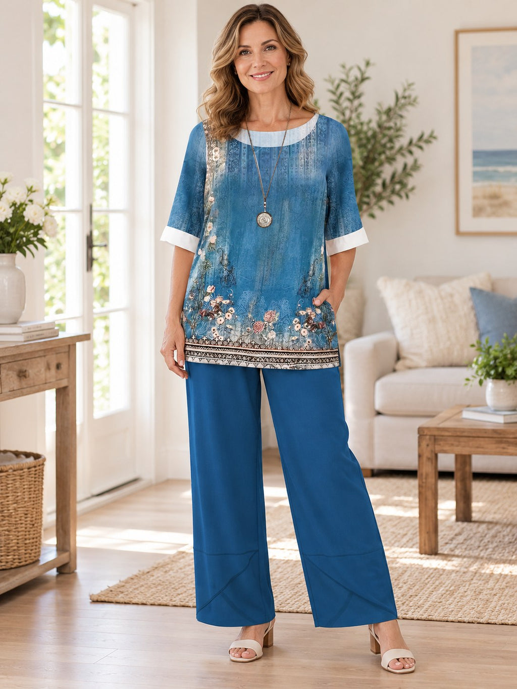 Printed Half Sleeve Top Pants Set styled on a model