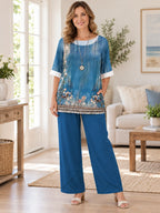 Printed Half Sleeve Top Pants Set styled on a model