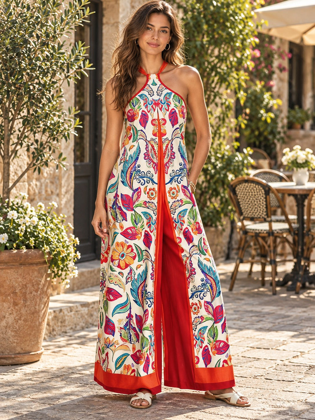 Printed Halter Wide-leg Jumpsuit styled on a model