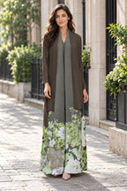 Printed Long Sleeve Scarf Cardigan Dress styled on a model