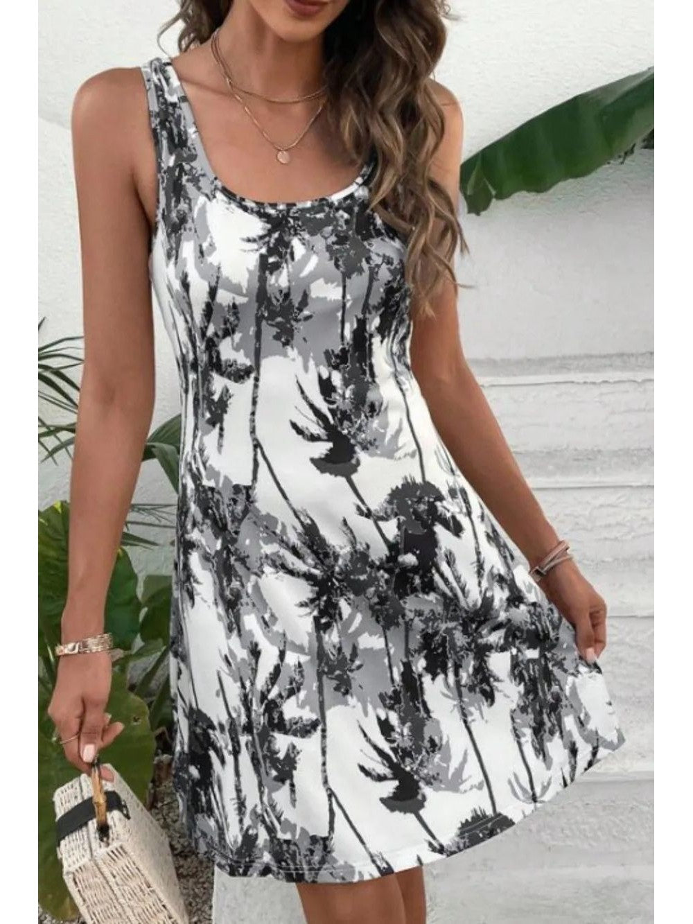 Printed Scoop Neck Wide Strap Mini Dress