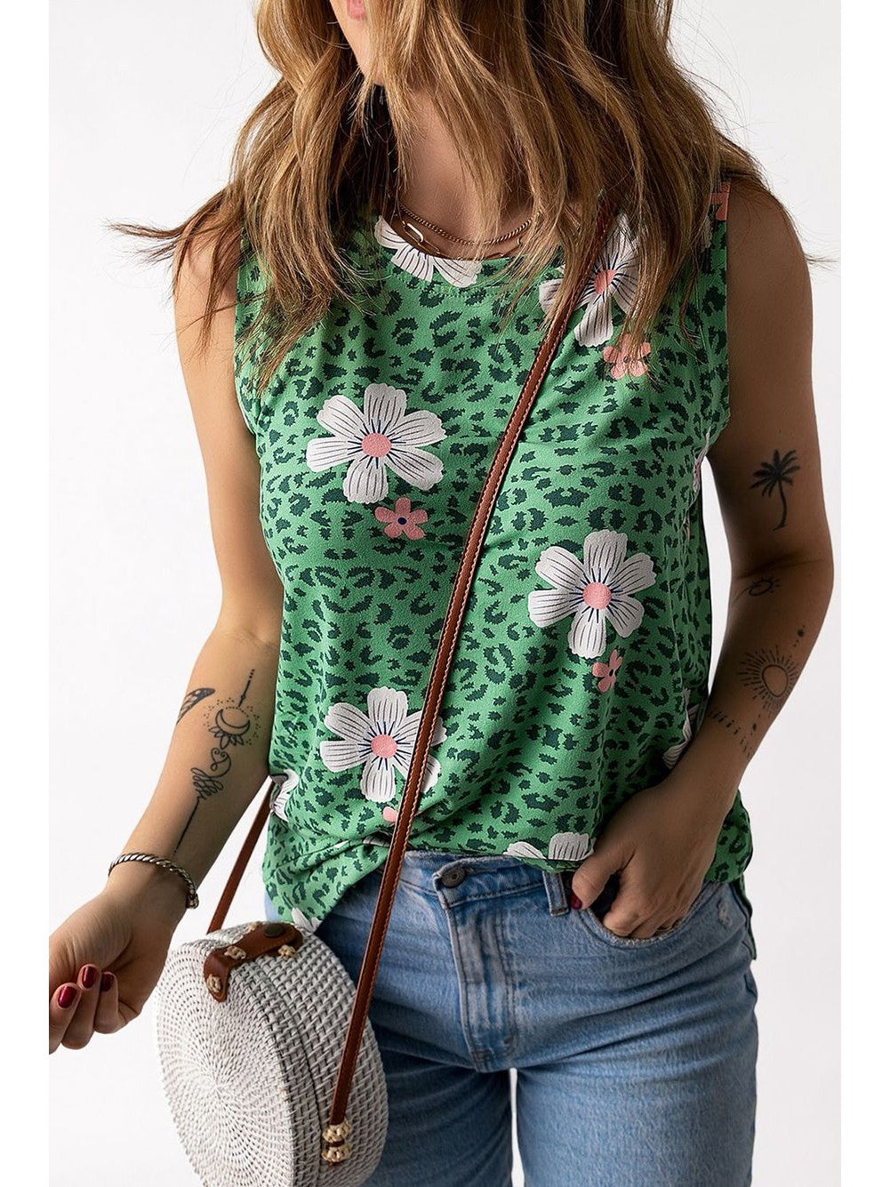 Printed Side Slit Round Neck Tank