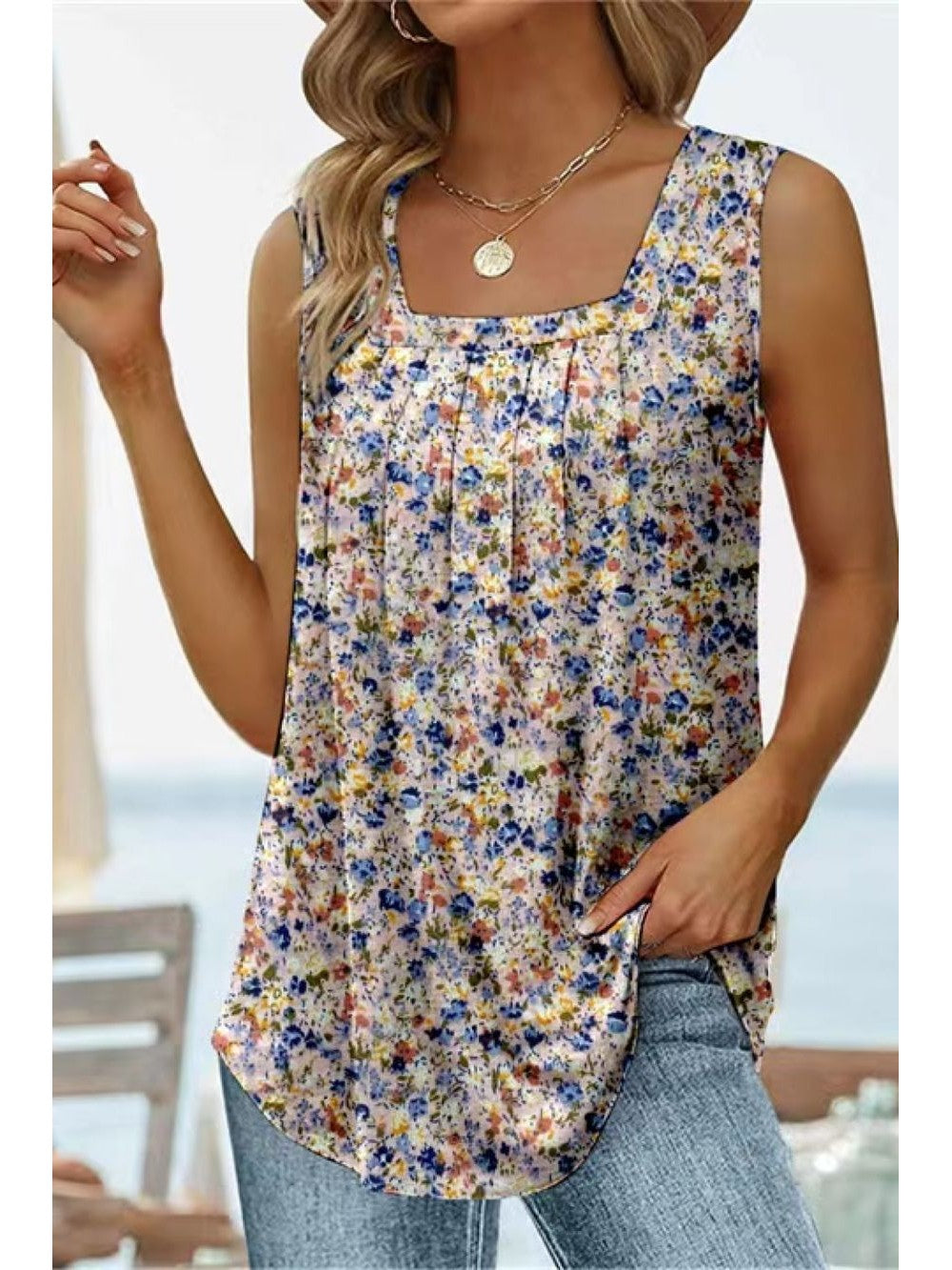 Printed Square Neck Curved Hem Tank