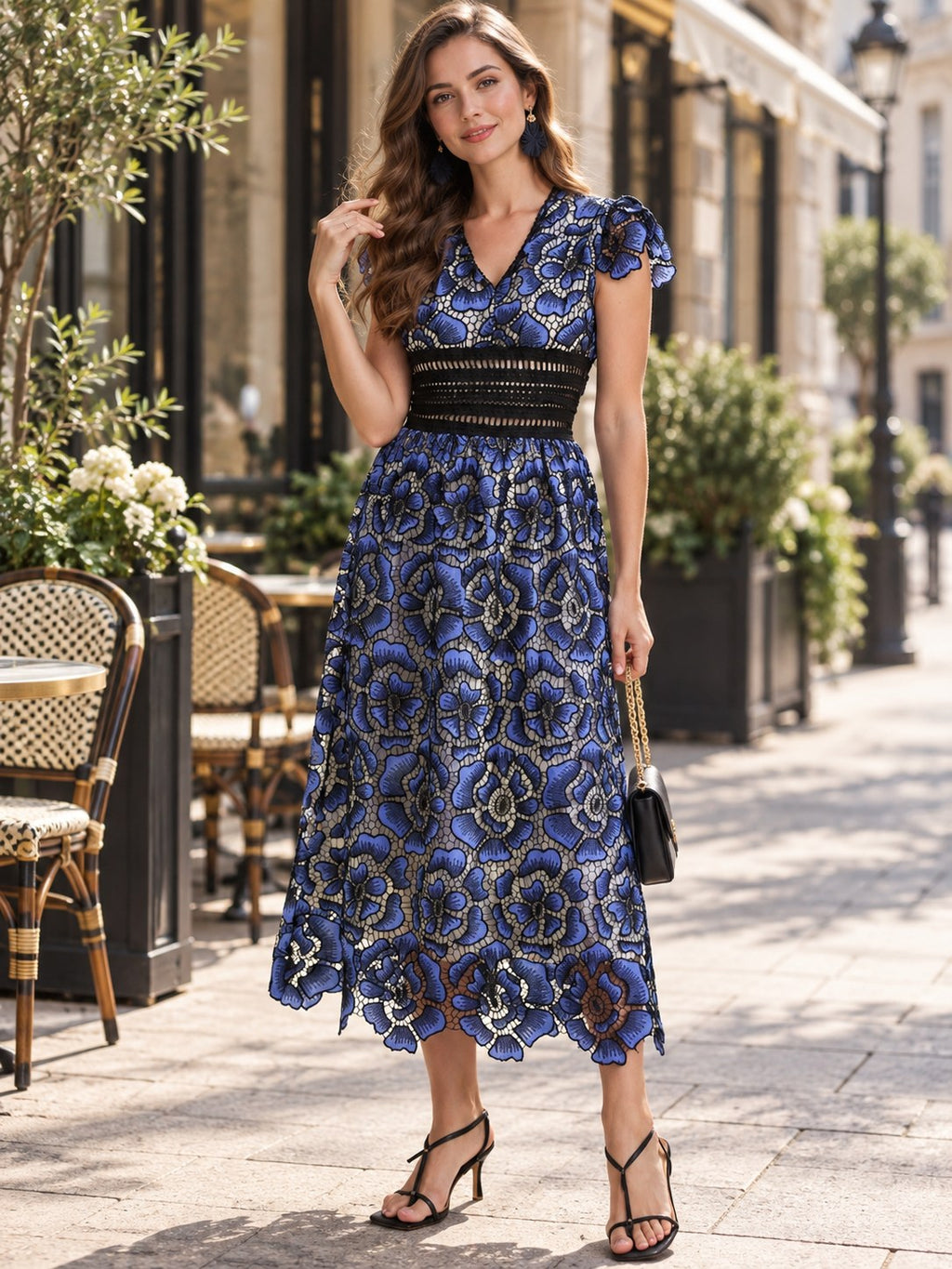 Printed V-neck Ruffle Sleeve Midi Dress styled on a model