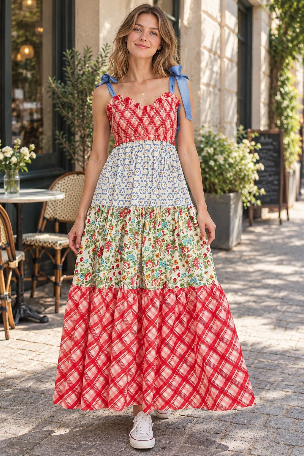 Printed V-neck Tie Shoulder Cami Dress styled on a model