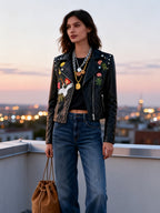 PU Leather Motorcycle Jacket worn by a model
