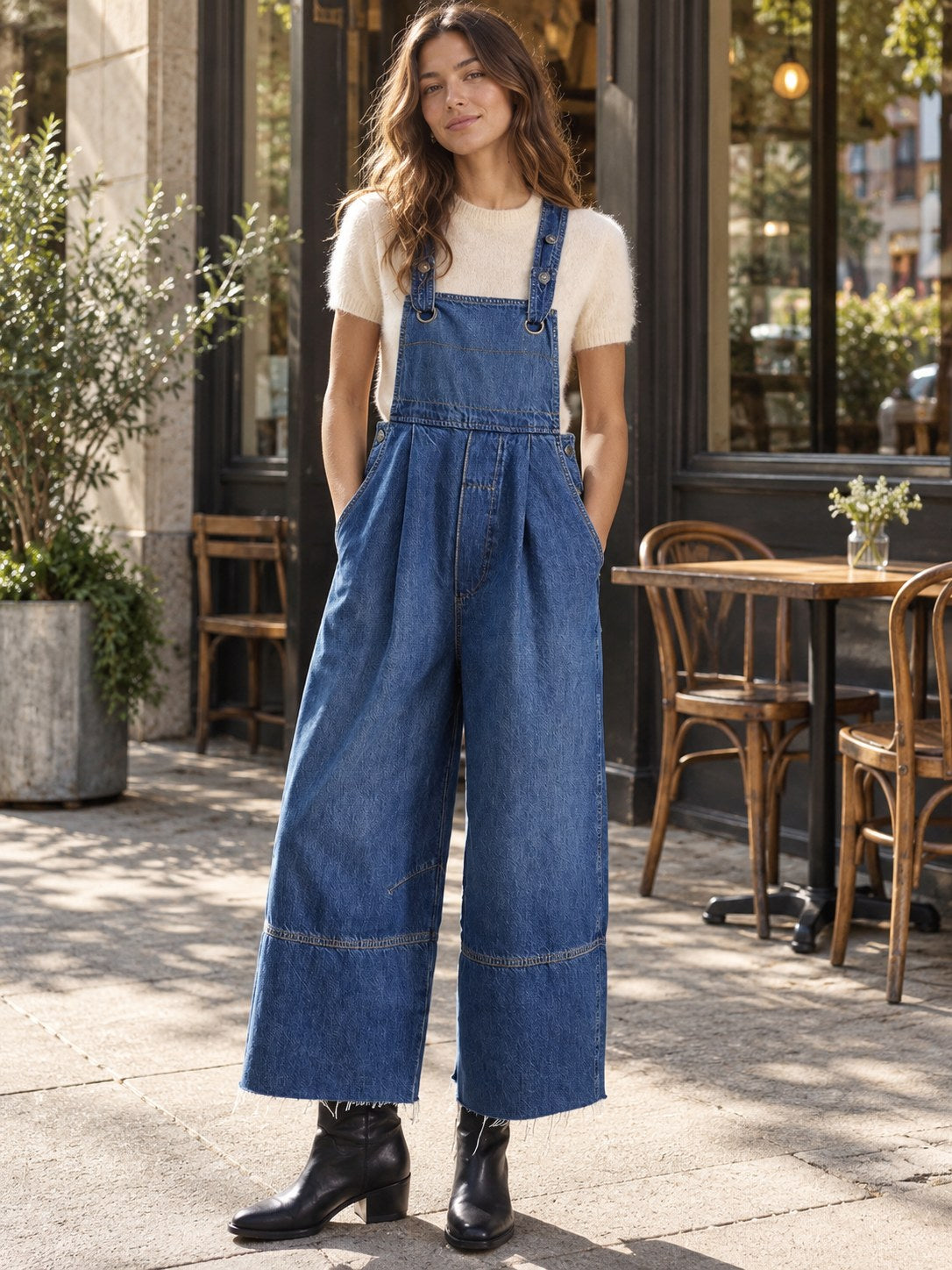 Raw Hem Wide-leg Denim Overalls styled on a model