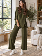 Relaxed Round Neck Top and Pants Set styled on a model