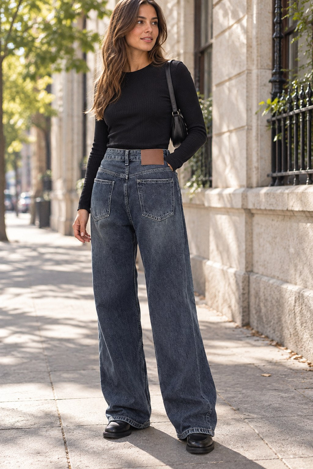 Retro Dark Blue Wide Leg Jeans Baggy Straight Trousers styled on a model