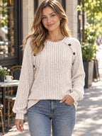 Ribbed Knit Decor Button Long Sleeve T-shirt styled on a model