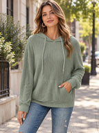 Ribbed Knit Long Sleeve Hoodie styled on a model