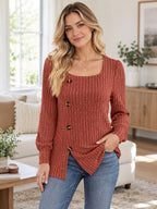 Ribbed Knit Slit Long Sleeve T-shirt styled on a model