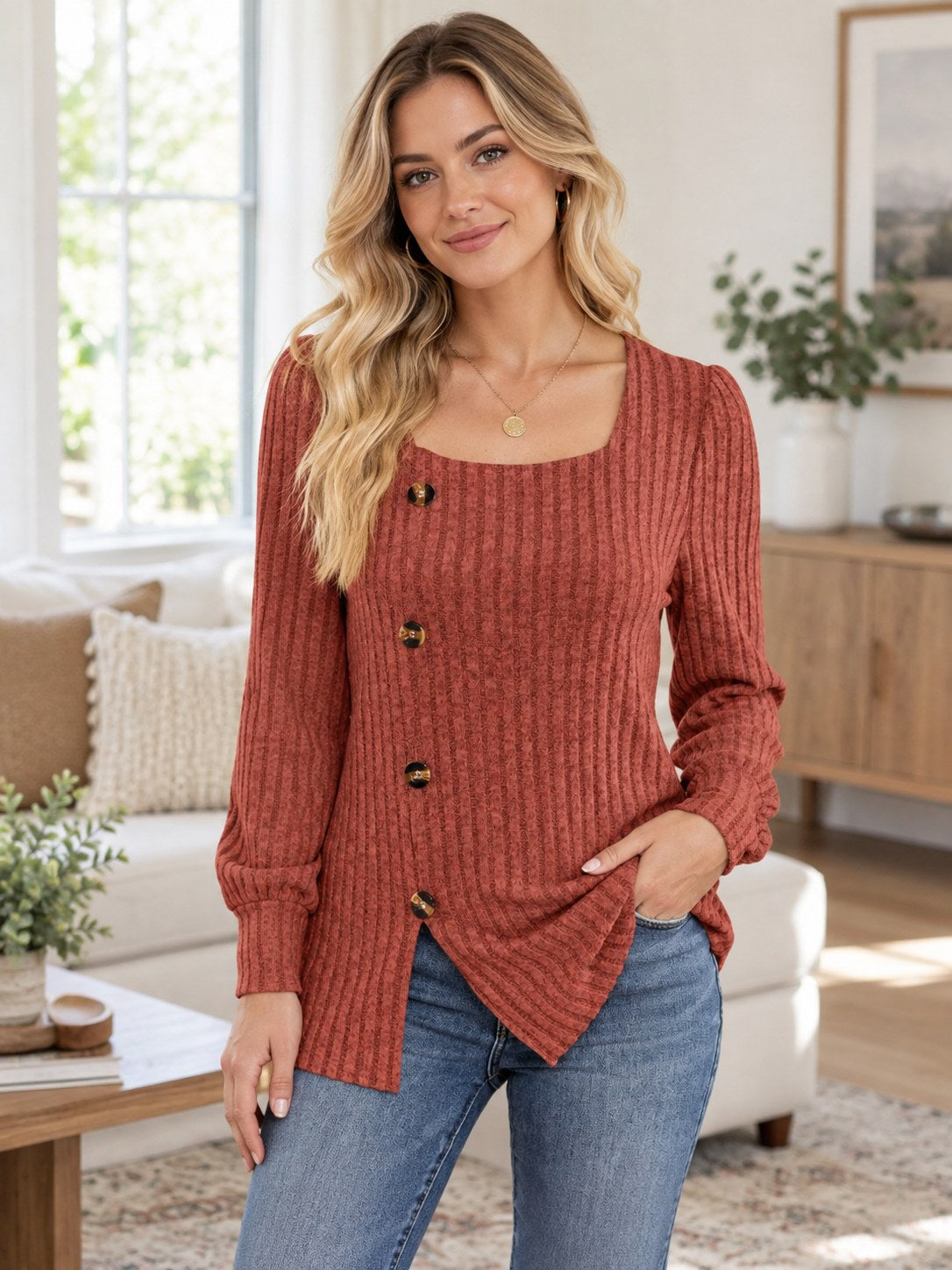 Ribbed Knit Slit Long Sleeve T-shirt styled on a model