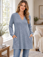 Ribbed Notched Long Sleeve T-shirt styled on a model