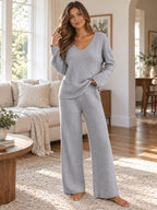 Ribbed V-Neck Top and Pants Set styled on a model