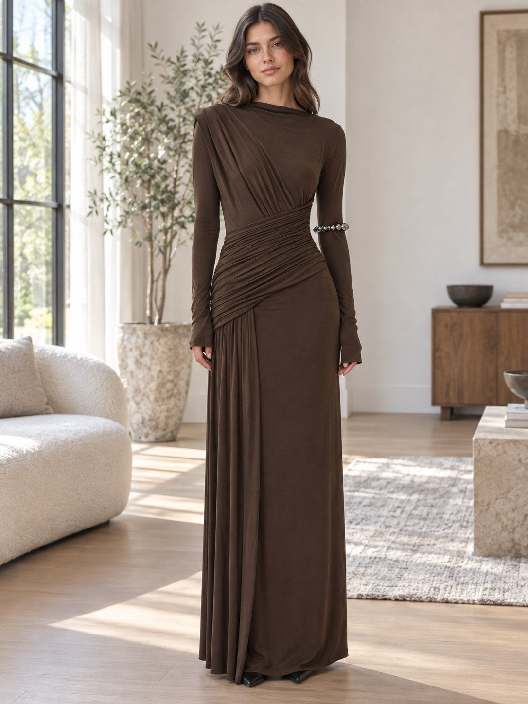 Ruched Long Sleeve Maxi Dress styled on a model